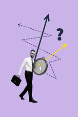 Exclusive artwork 3d banner collage of minded businessman walk arrow direction carry compass...