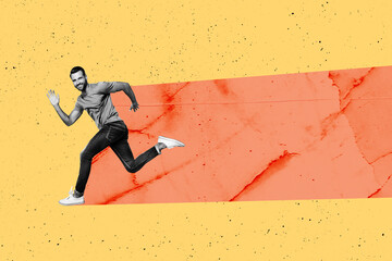 Fototapeta premium Sketch image trend artwork montage photo collage of warmup sport dynamic hobby motivation training fit healthcare young guy run hurry fast