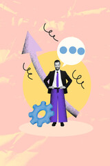 Composite 3D photo collage trend sketch of young man stand smile arrow up talk cloud message...