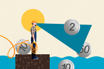 Template sketch trend artwork 3D photo collage of labor master young man builder earn money...