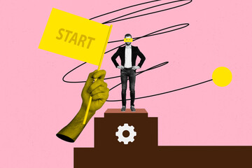 3D collage design trend artwork sketch of young man success stand pedestal gear engine occupation...