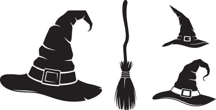 Black Silhouette Witch Hats and Broomstick on White Background