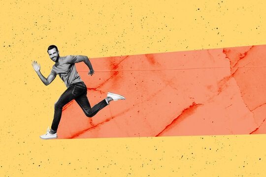 Sketch image trend artwork montage photo collage of warmup sport dynamic hobby motivation training fit healthcare young guy run hurry fast