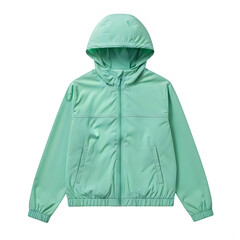 Mint green hooded jacket with zipper and pockets isolated on transparent background