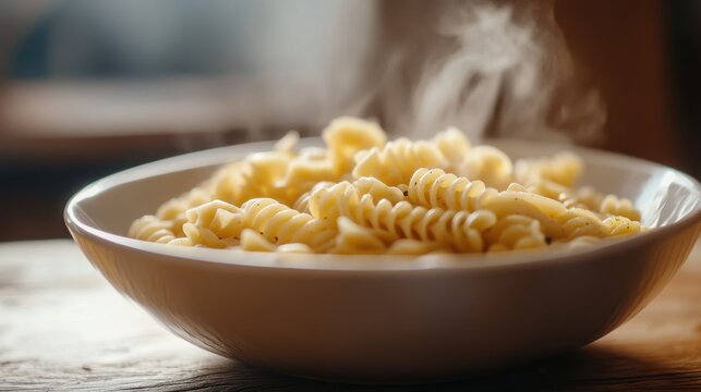 Steaming hot bowl of freshly cooked rotini pasta with subtle seasoning captured in motion footage video clip