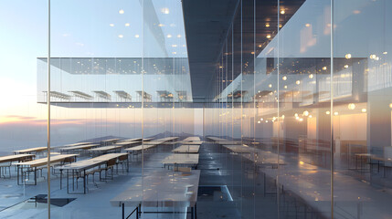Obraz premium Modern glass office building interior with desks and mountain view at sunset 3D illustration