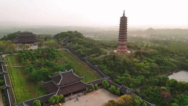 Aerial view of bai dinh pagoda and tower, a famous buddhist temple complex in ninh binh, vietnam 