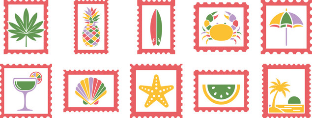 Tropical themed postage stamp icon set with pineapple crab surfboard umbrella cocktail shell and beach elements