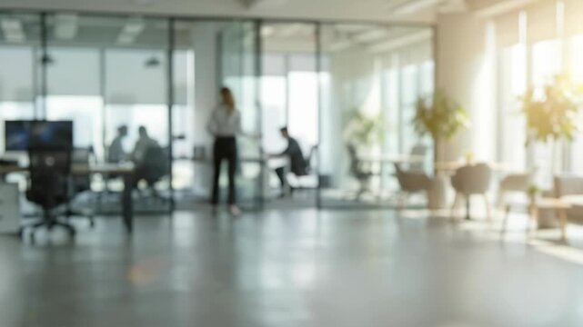 Blurred modern glass office interior with meeting area and people silhouettes in corporate workspace. Defocused office background.