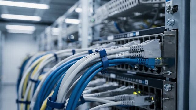 Crisp capture of structured cabling in a cold aisle emphasizing cable ties and switch ports with the distant rows of racks gently blurred for emphasis.