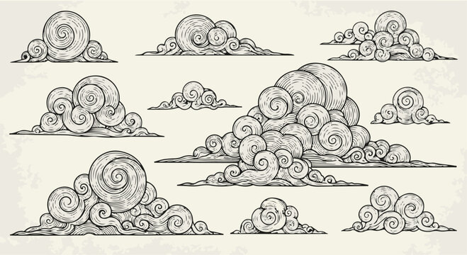 Hand Drawn Engraved Style Oriental Swirling Clouds Set Vector Illustration isolated PNG with Transparent Background