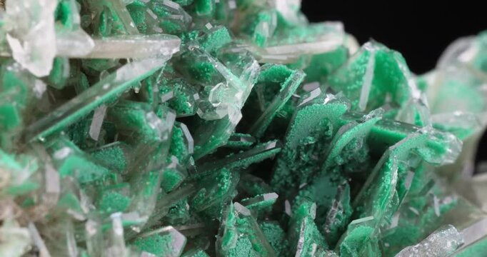 Malachite on baryte "Arrow Head Pocket". From Shangulow&eacute; Mine, Kambove, Haut-Katanga, DR Congo. macro footage detail texture background. close-up mineral crystal unpolished semi-precious gemstone