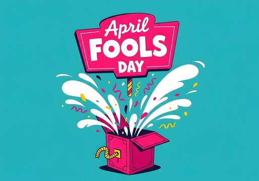 A colorful illustration celebrating April Fools' Day with a pink box