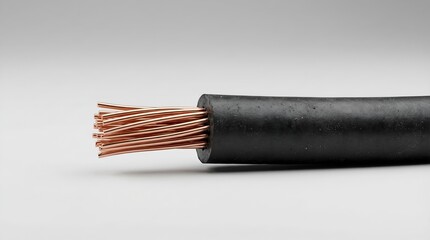 A close-up view of a single black electrical cable with exposed copper wires on a plain background