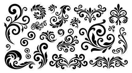 Fototapeta premium Collection of elegant black floral scrollwork and swirl design elements, perfect for decorative borders, invitations, and vintage-themed graphic projects.