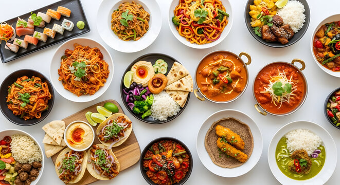 A top down view of a diverse selection of international cuisine dishes served on a white table