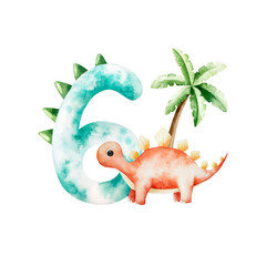 Cute dinosaur number six with triceratops and palm. Watercolor hand drawn prehistoric Spinosaurus, Brachiosaurus animal. Isolated illustration on transparent background. Perfect for for nursery and © Natalia
