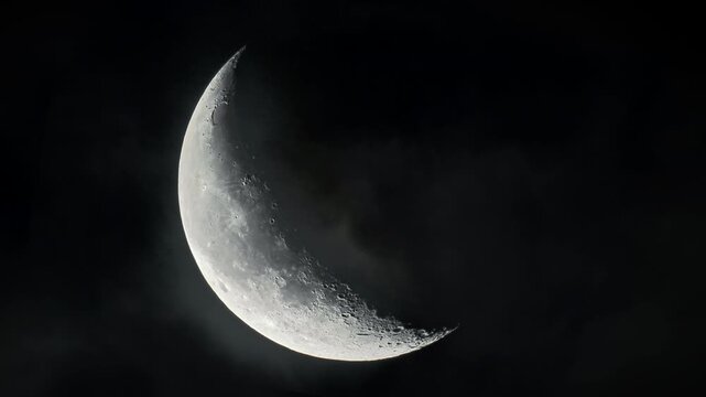 Moon crescent with clouds rolling by in the night sky. Astrophotography real footage of the lunar view.