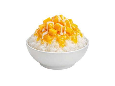 Mango shaved ice dessert (mango bingsu) with fresh mango cubes isolated on white background.