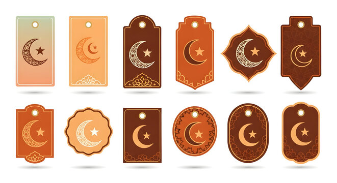 A collection of twelve decorative gift tags featuring elegant crescent moon and star patterns.