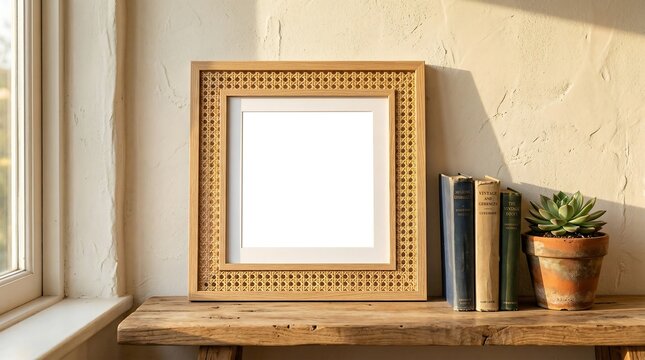 Wooden frame on rustic shelf with books and potted plant near window