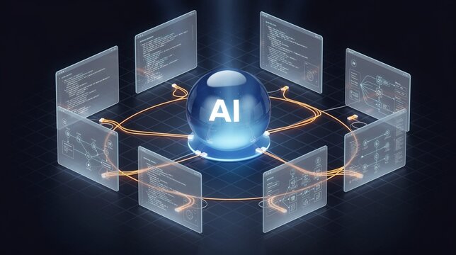 AI software development automation concept with code documentation visualization, artificial intelligence programming system generating algorithms workflow architecture