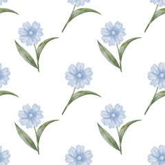Seamless watercolor pattern of delicate blue flower with green leaves, hand-drawn, white background, botanical illustration. For designing packaging, textiles, wedding invitations.