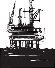 Woodcut style image of an oil rig platform at sea