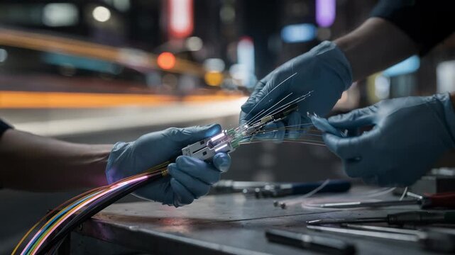 Downtown fiber optic installation with a closeup of hands splicing fiber connectors city lights and blurred traffic creating a vibrant backdrop.