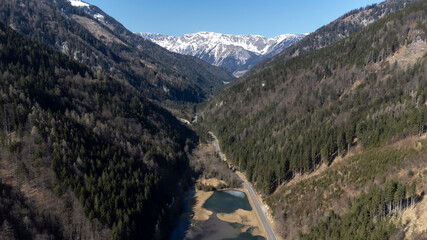 Lake Gr&uuml;nsee with a view of the Hochschwab mountains, near Turnau, Styria, Austria 
