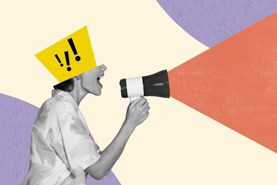 Full trendy photo image collage of anonym girl cut head exclamation mark scream megaphone propaganda strike agitation protest