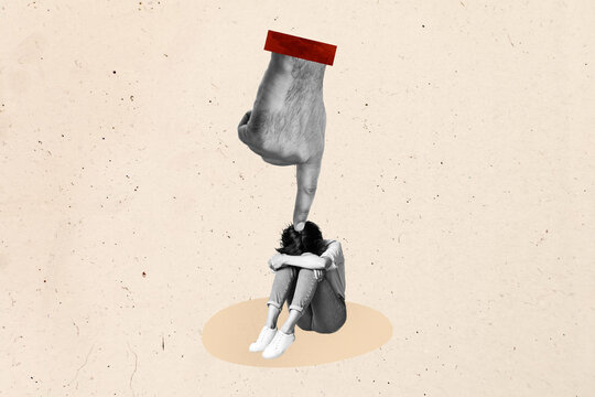Art sketch 3d image vertical collage of human hand point girl pressure bullying offense blame society stereotype mocking