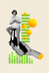 Trend artwork composite banner 3D photo collage of hand hold msartphone young lady sit smile coins...
