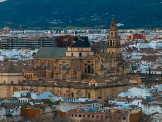 Mezquita Catedral de Cordoba stands with bell tower and arches above whitewashed roofs and terracotta tiles, daylight cool light, hills, cranes, and apartments in view. © True Pixel Art