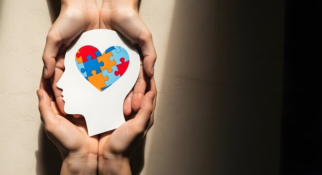 Hands holding a heart shaped puzzle piece