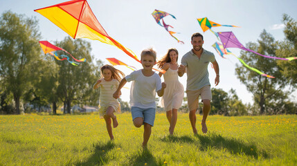 Fototapeta premium AI generator images of Running around and flying colorful kites outdoors is a great outdoor activity for building bonds and creating wonderful memories together.