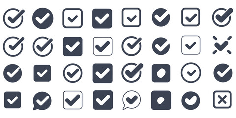 Check Tick Mark Icon Set, Cross Box X, Checkboxes, V Marks, Hand Drawn Sketch, Doodle, Brush Marker, Checklist Symbols, Right and Wrong Vector Illustration. © Ayat 03