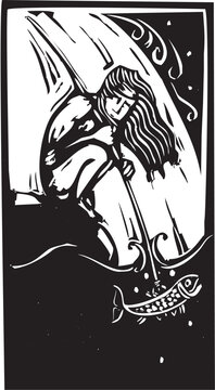Woodcut image of primitive man spear fishing ina stream