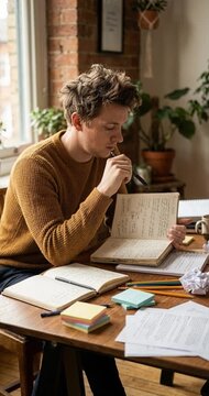 Young professional studying documents at desk indoors daylight