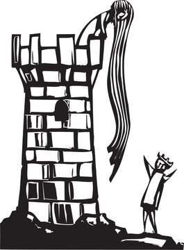 Woodcut style image of Rapunzel's Tower with a prince down below