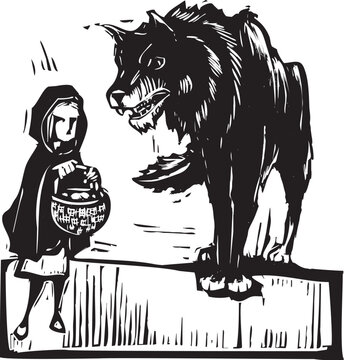Woodcut style image of little red riding hood and the big bad wolf