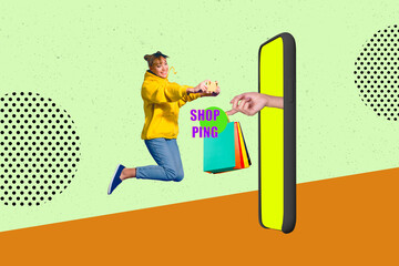Fototapeta premium 3d poster image full pop art collage of happy girl guy stand phone deice hand peek hold packages consumerism addiction bargain