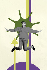 Banner 3d magazine picture collage image of happy businessman businesswoman jump arrow progress...