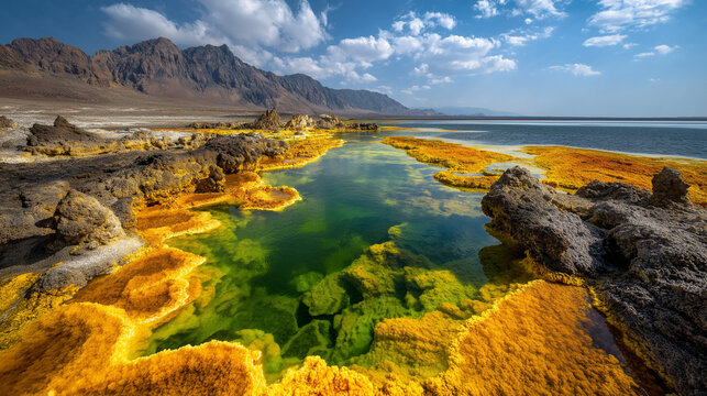 AI generator images of Dallol Volcano: The vibrantly colored area in the image is the Dallol Volcano region, filled with highly acidic (pH less than 1) hot springs and colorful salt pools.