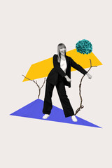 Naklejka premium Collage of a smiling graceful girl reaching for blooming flower, symbolizing spring summer joy and connection with nature