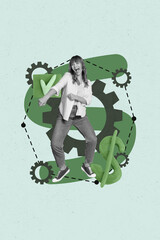 Fototapeta premium Image 3d zine vertical collage of happy businesswoman dance dollar currency income gearwheel settings success development