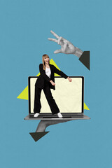 Creative trend collage of person stand on netbook with hand gesture color background