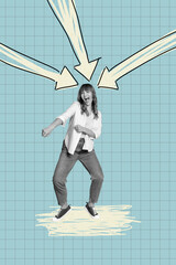 Vertical 3d zine trendy collage of happy businessman businesswoman stand arrow development career...