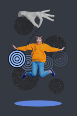 Surreal poster collage of person hold front swinging hypnotic round twist watch