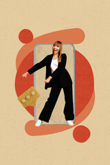 Sketch vertical poster image collage of happy girl dance big phone screen text box communication...